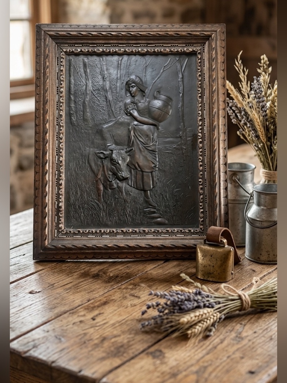 Antique Copper High Relief Plaque And Frame Milk Maiden and Cow Rustic Farmhouse